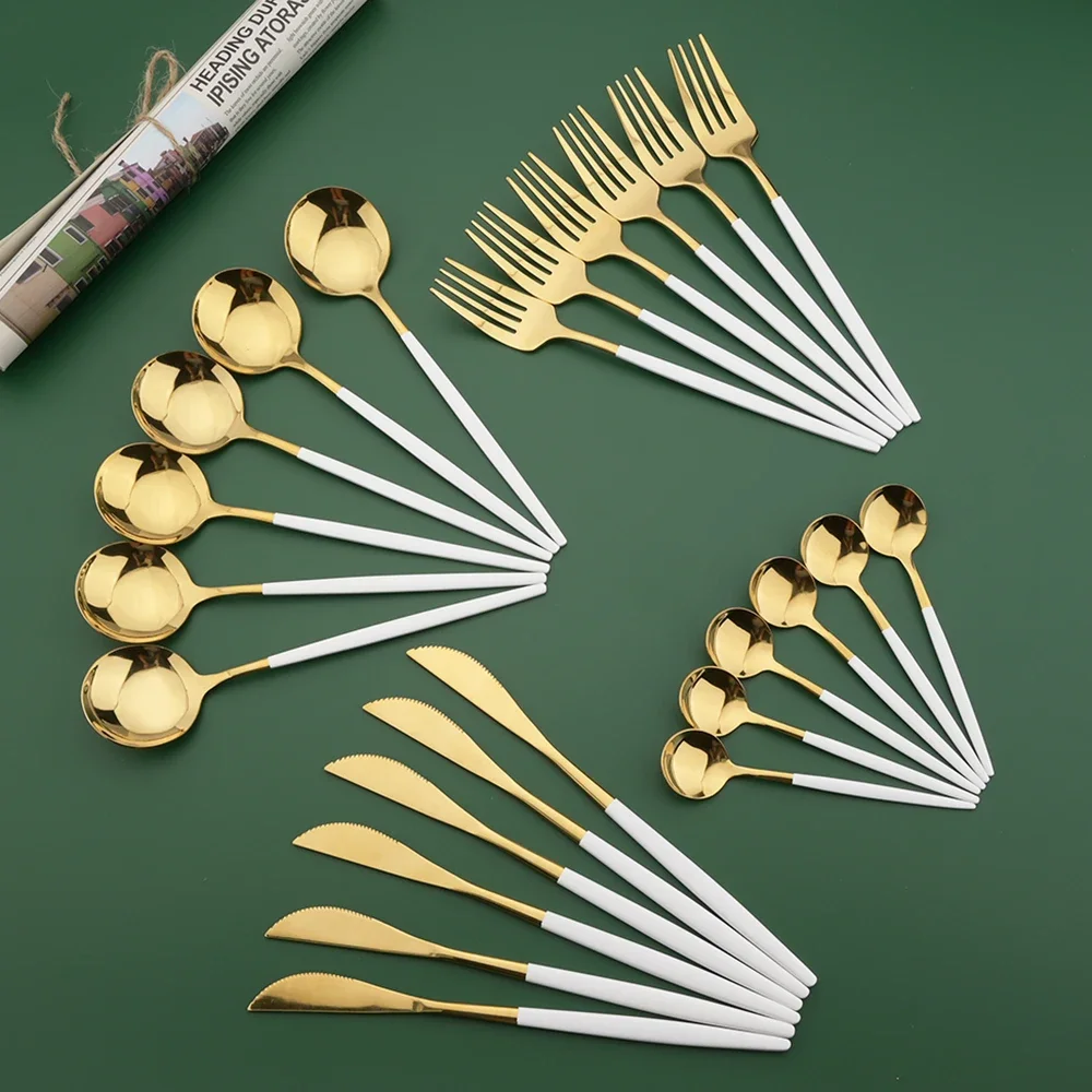 Conjunto de Talheres Branco e  - Gold Cutlery Flatware avaliação e preço